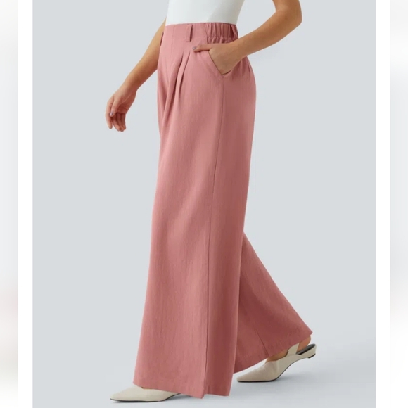 High Waisted Pocket Wide Leg Flowy Solid Palazzo Casual Linen-Feel Pants - Picture 6 of 12